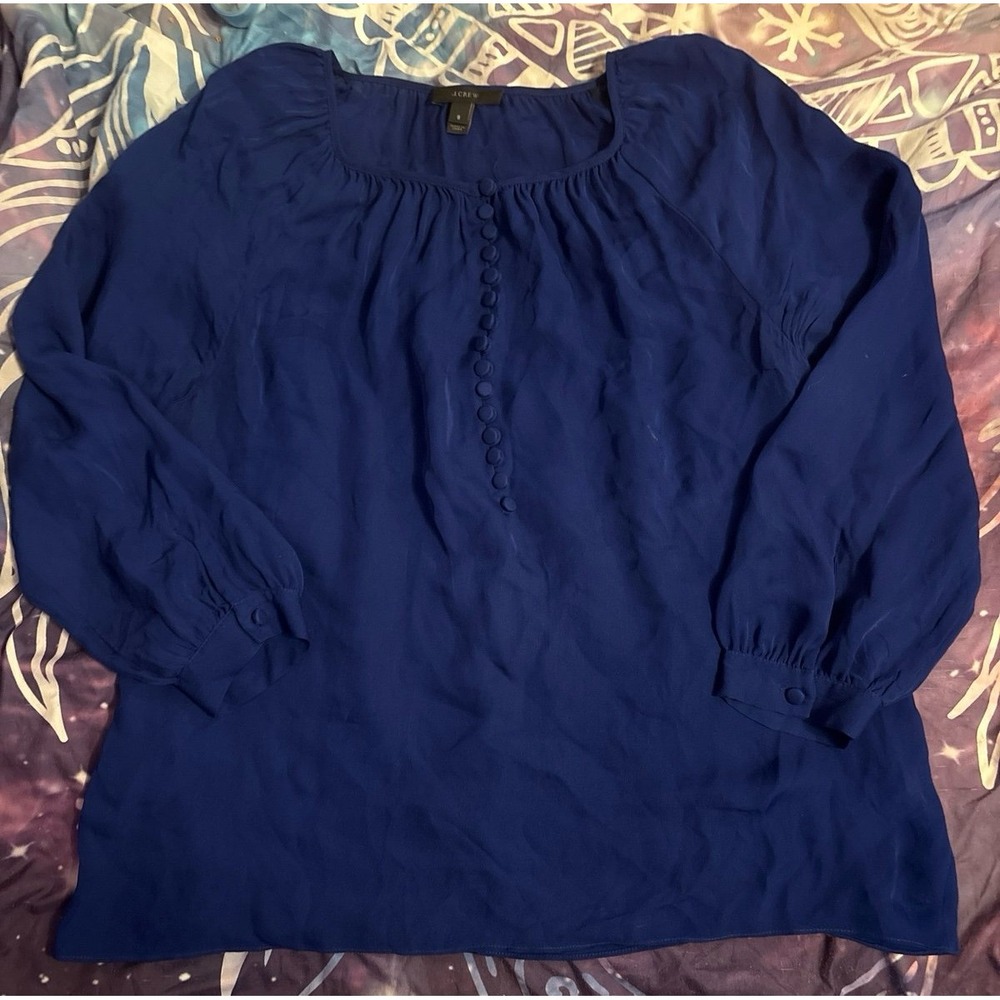 J. Crew 100% Silk Sapphire Blue Long Sleeve Blouse, Size 8